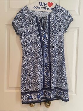 Lands' End Blue and White Printed Tie-Neck Swim Coverup